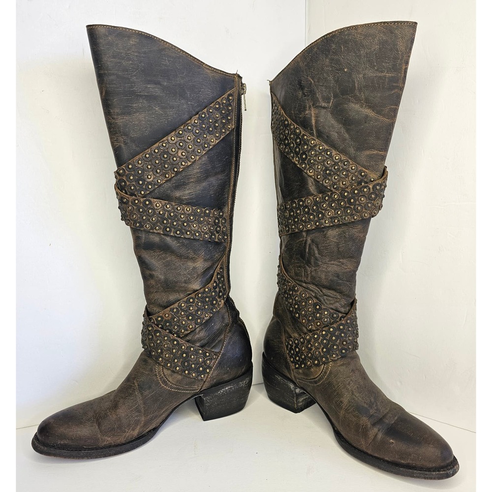 Old Gringo Buzzy Brown Boots Distressed Studded Leather Tall Zip size 6.5 B - Picture 3 of 10